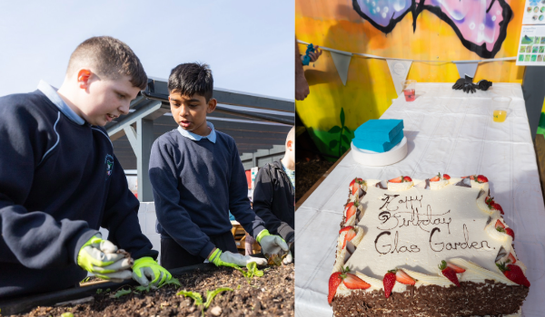 one asian boy and one white boy plant at a planter box. cream cake with strawberries reads happy birthday glas garden