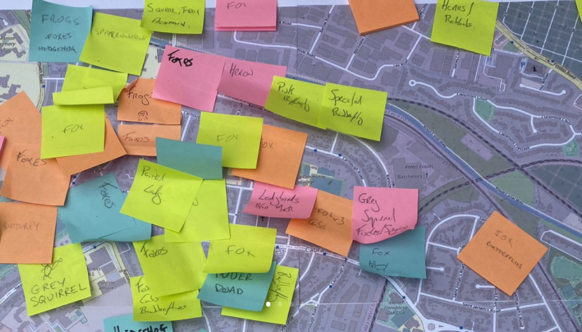 Post its on a map of Cabra