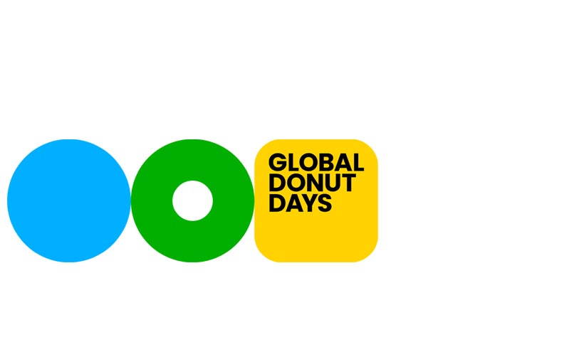 blue circle, green donut shape and yellow circle with global donut days in black text within the yellow circle