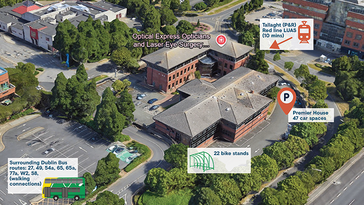map showing Travel to TU Dublin Premier House tallaght