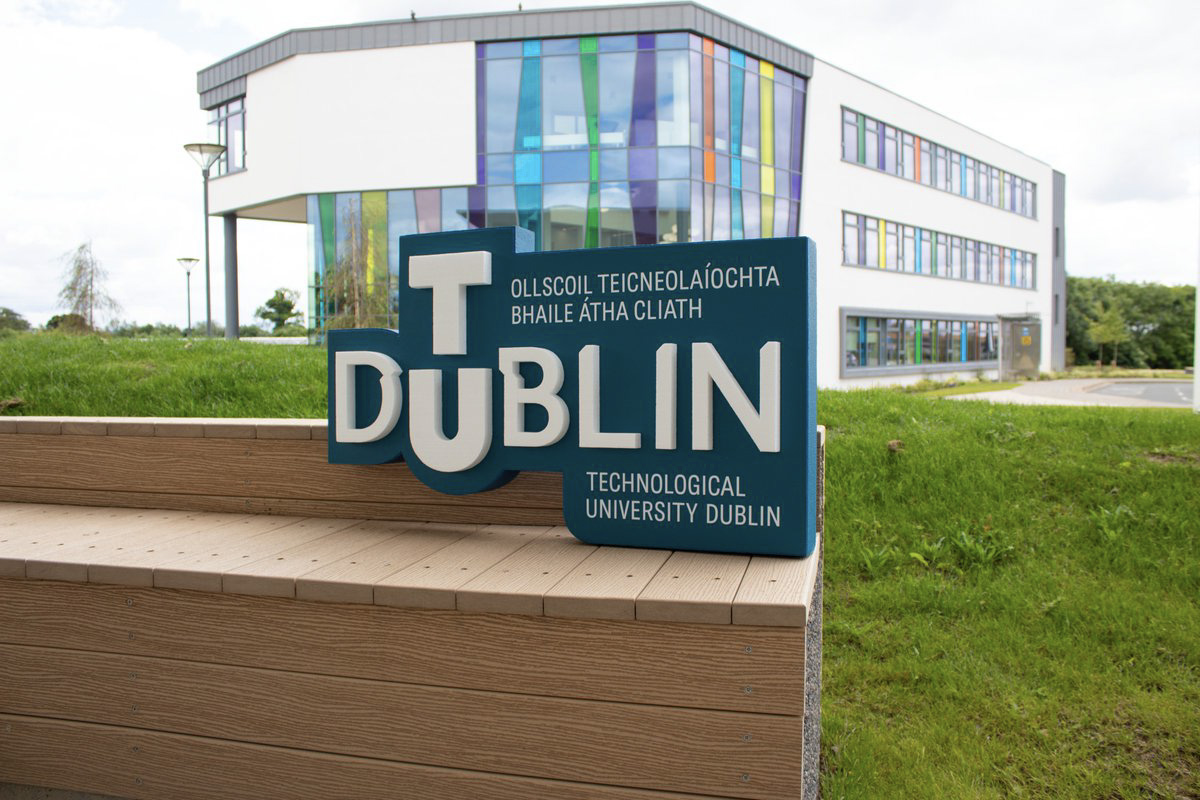 Image of TU Dublin logo with building on Blanchardstown campus