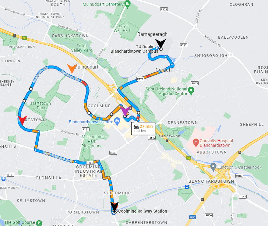 Map of the TU Dublin Blanch Shuttle Route