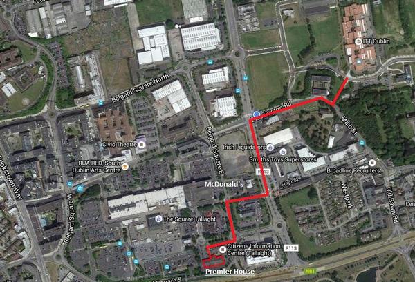 Walking route to Premier House from TU Dublin Tallaght