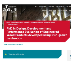 PhD in Design, Development and Performance Evaluation of Engineered Wood Products developed using Irish-grown hardwood