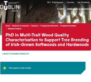 PhD in Multi-Trait Wood Quality Characterisation to Support Tree Breeding of Irish-Grown Softwoods and Hardwoods