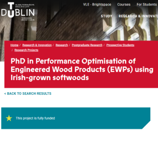 PhD in Performance Optimisation of Engineered Wood Products (EWPs) using Irish-grown softwoods