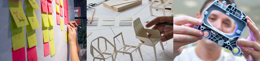 A trio of three images showing design ideation using post-it notes, design sketches of a chair and a scale model of a design and a person inspecting a prototype injection molded component.