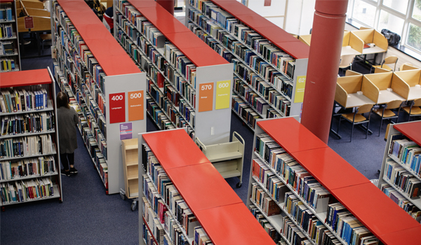 Library books on shelves