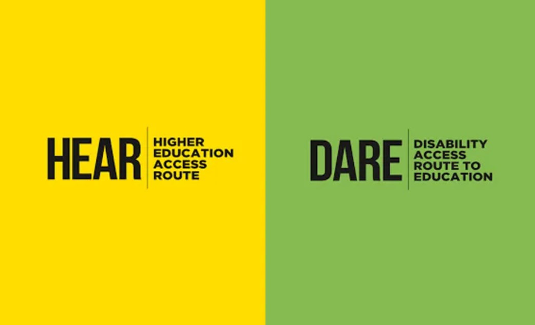 Yellow logo for the Higher Education Access Route (HEAR) alongside a green logo for the Disability Access Route to Education (DARE)