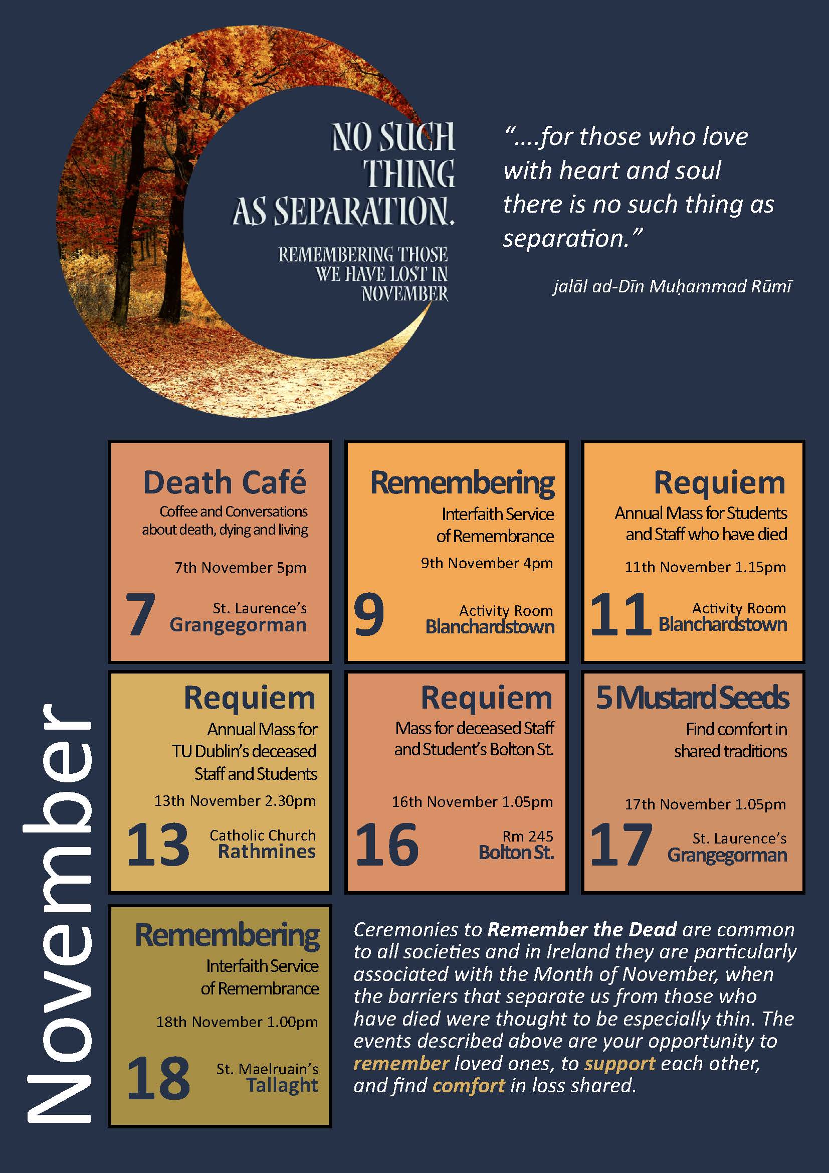 Poster showing different events to remember those who died