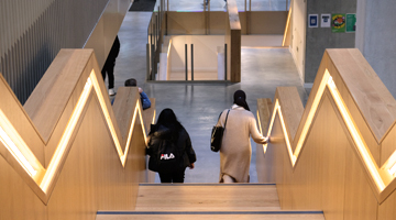 2 students walking down the stairs in the Central Quad building