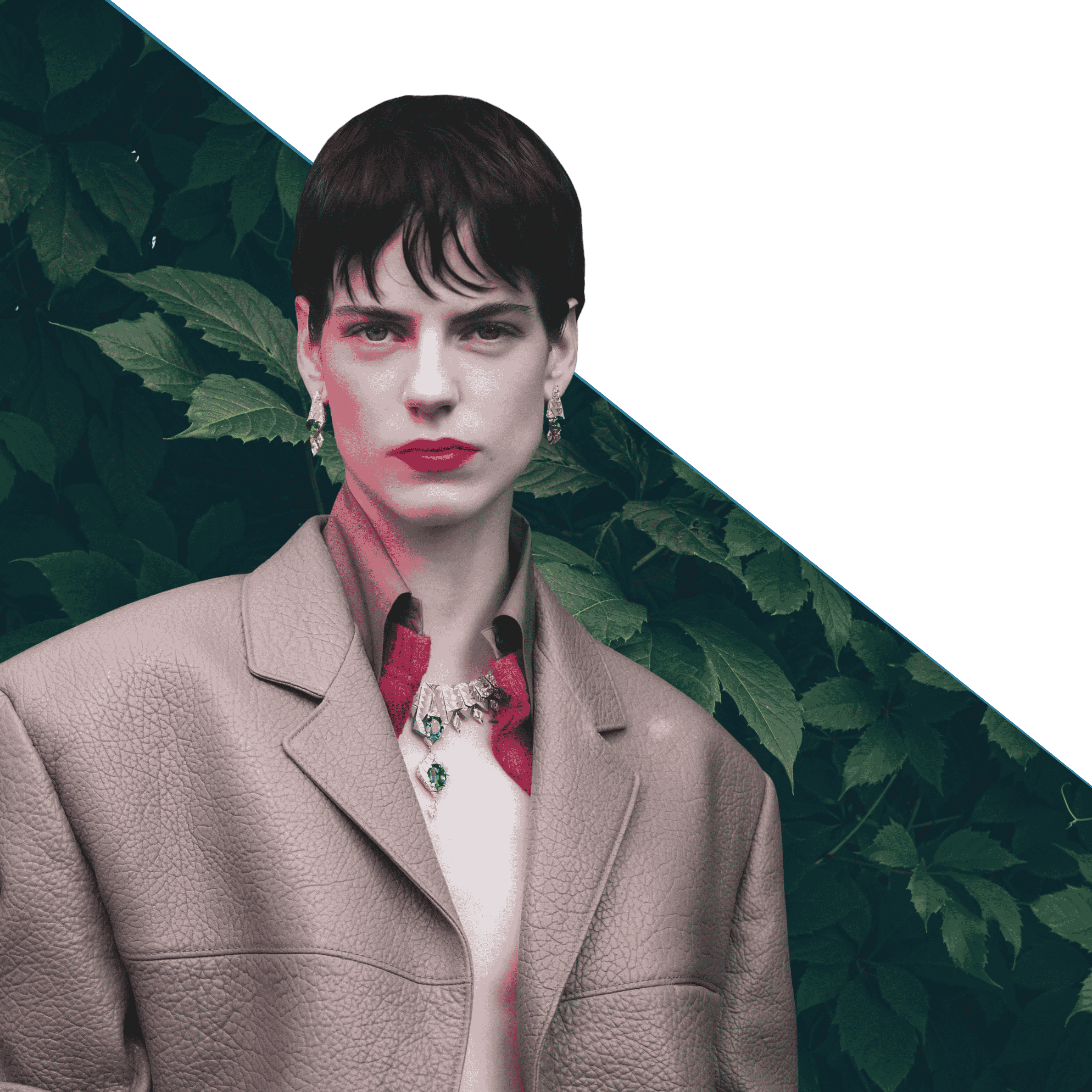 A model wearing a leather jacket standing against a leafy background