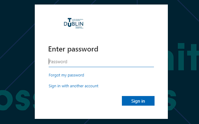 Single sign on page for TU Dublin. It's a white box, where a student can enter their details. The background is navy, with dark blue lines going in odd directions.