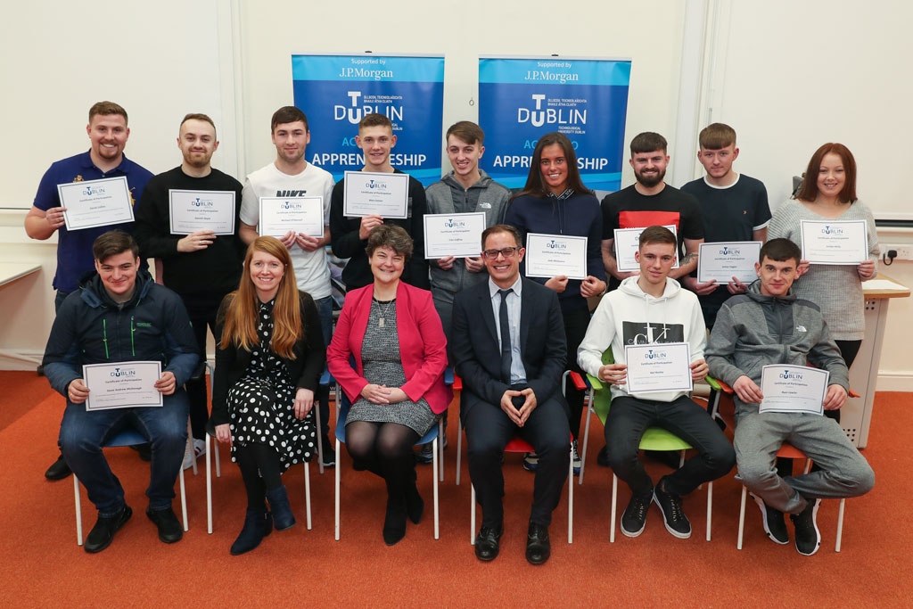 Access to Apprenticeship graduates with, front row, Therese Fitzgerald, Dr. Avril Behan and Bobby Maher.