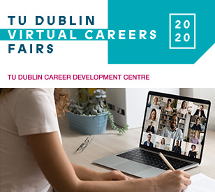 Virtual Careers Fair text and image of student on laptop