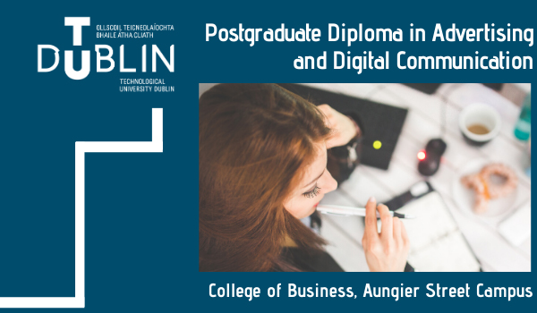 Postgraduate Diploma in Advertising and Digital Communication text with image of a student studying