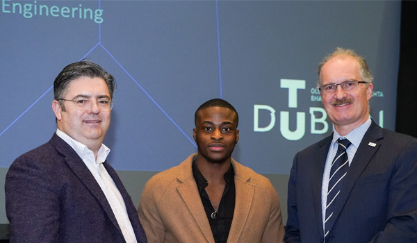 Intel Ireland General Manager Eamonn Sinnott, Kehinde Olowookere and TU Dublin President Prof. David FitzPatrick