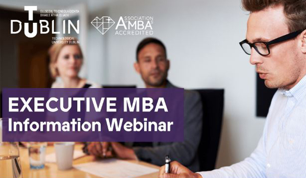 Executive MBA Information Webinar text with students in the background