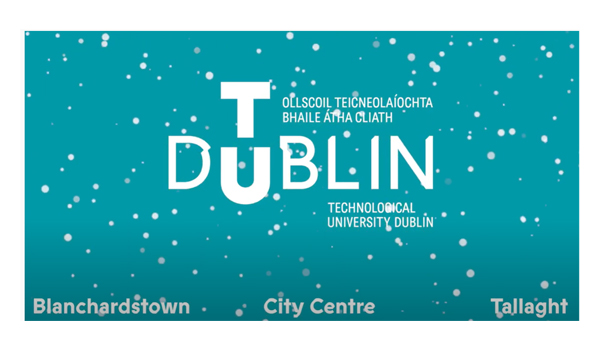 TU Dublin logo with snow graphics in the background