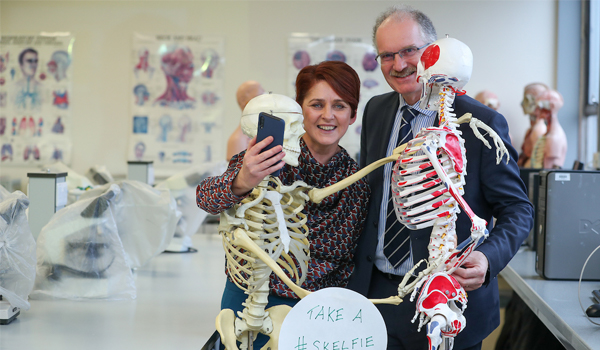 Dr Jan Guerin, Assistant Head, School of School of Biological & Health Sciences talks a 'Skelfie' with Professor David FitzPatrick