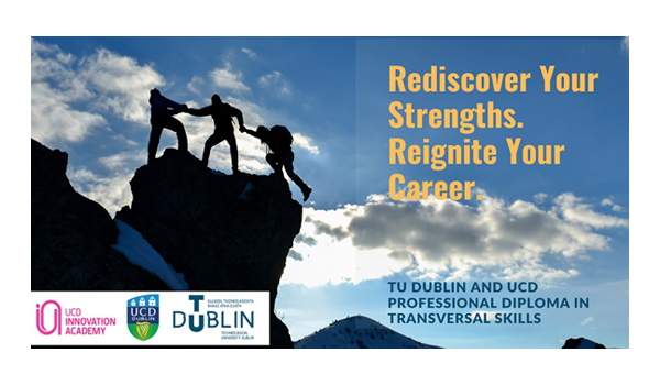 Rediscover your Strengths, Reignite your career text and image of people climbing up a mountain