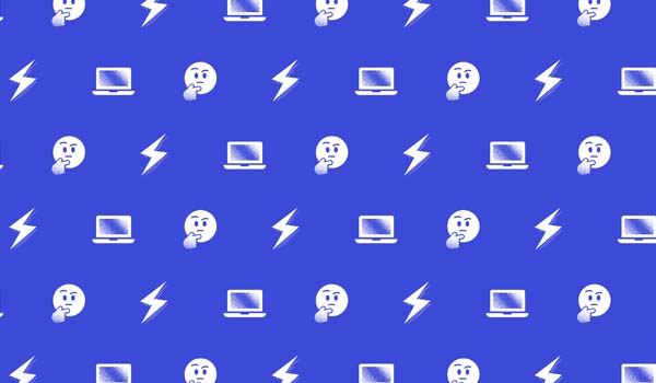 Graphics of lightning bolts, laptops and thinking smiley faces