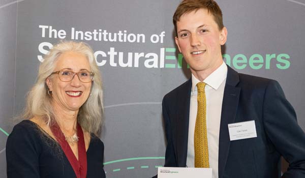 President of the Institution of Structural Engineers, Jane Entwistle (Left) and Lecturer Cian Farrell (Right) at the recent People and Papers Awards held at the Royal College of Surgeons of England.