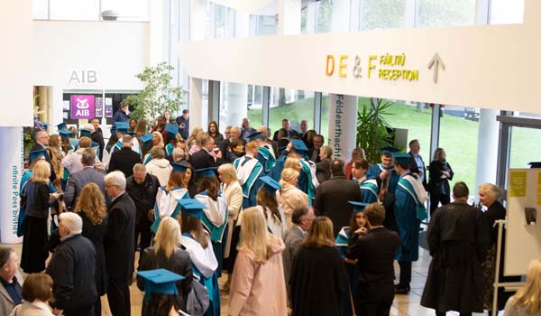 A crowd gathering for a graduation ceremony in TU Dublin's Blanchardstown Campus