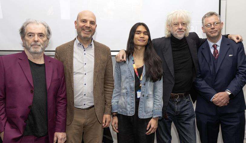 A photo of Pete Briquette and Sir Bob Geldof with Dr Paul Doyle, Dr Mark Henry and Mina Eusebio