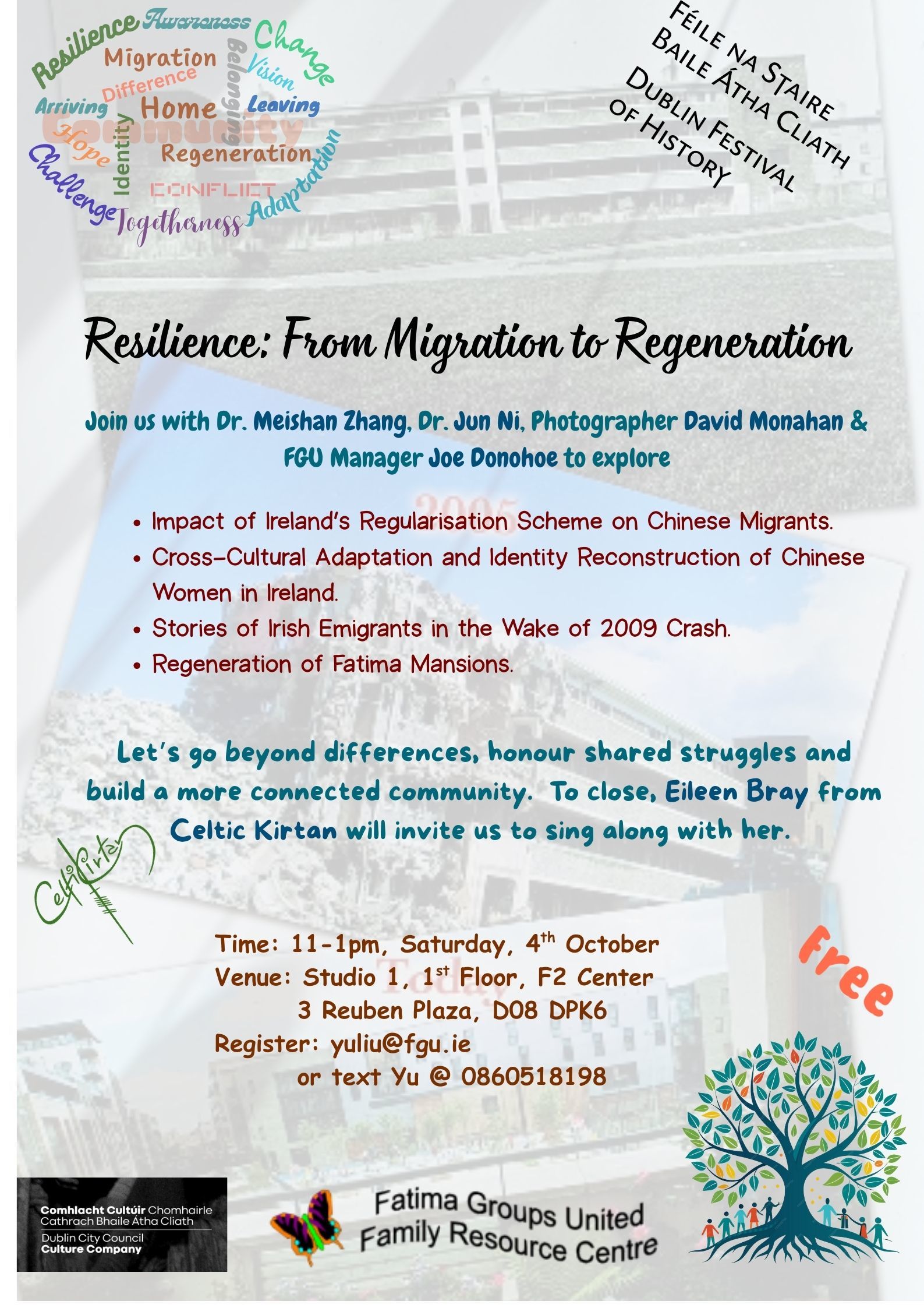 As part of the Dublin Festival of History, this event brings migrants and local communities together to share stories of migration, identity, and resilience.  From Chinese migrants in Ireland to Irish emigrants abroad and the renewal of Dublin’s Fatima Mansions, these talks explore how communities face change, rebuild, and redefine “home.”