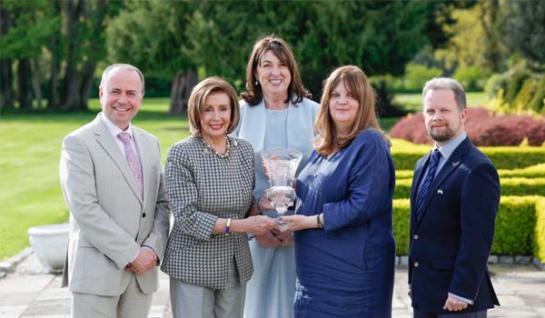 Pictured (l-r): Fulbright Board Chair, Professor Paul Donnelly; Fulbright Ireland Public Service Awardee, Speaker Emerita Nancy Pelosi; U.S. Ambassador to Ireland, Claire D. Cronin; Fulbright Board Chair Emerita, Professor Diane Negra; and Fulbright Executive Director, Dr. Dara FitzGerald. Picture Conor McCabe Photography.