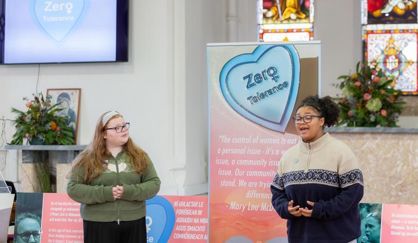 Rebecca Livingstone and Joanna Yusuf sing at the Zero Tolerance launch event in TU Dublin