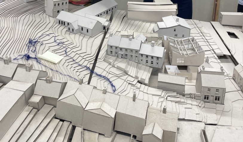 A detailed architectural model of Granard town centre, showing existing buildings, streetscapes, topography and proposed design interventions.
