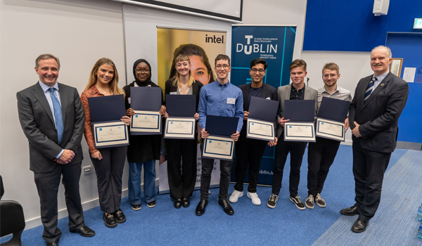 Intel Ireland Scholarships Recipients with TU Dublin President David FitzPatrick and Neil Philip, Intel Ireland