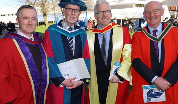 Dr Tony Kiely celebrates his PhD Conferral with Kevin Griffin Supervisor,Dr. Dominic Dillane Head of School and Dr. Eamon Maher Supervisor