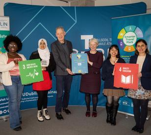 TU Dublin President Dr Deirdre Lillis celebrates Smarter Travel Gold Mark Award with staff and students