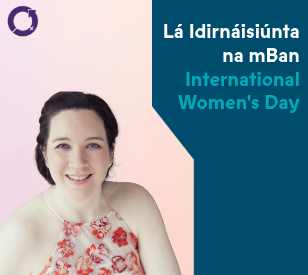 A smiling woman in a floral top against a pink and blue background. Text reads 