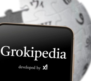 Image of Grokipedia written on mobile phone with Wikipedia logo in the background