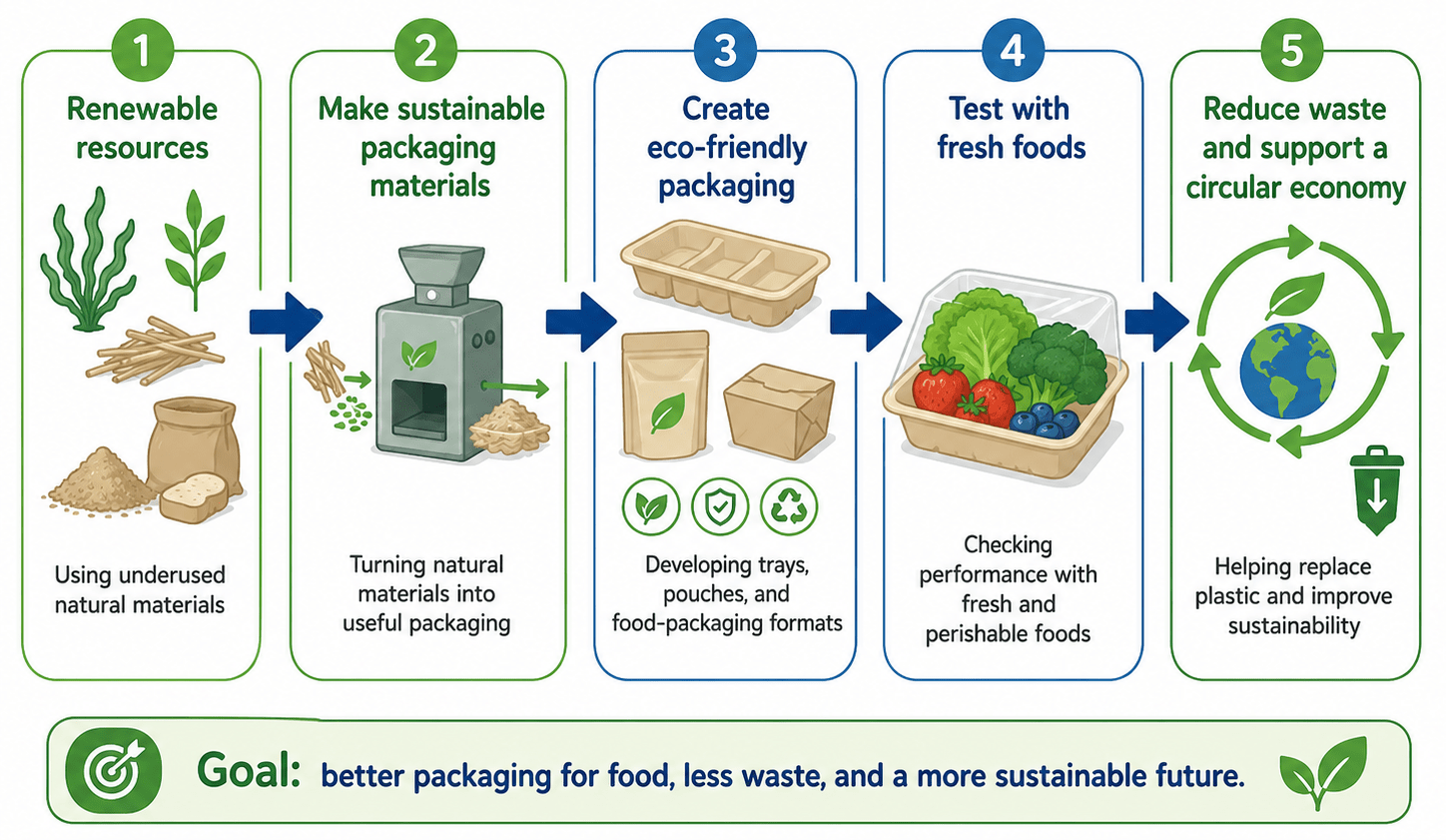 Five-step infographic showing how renewable materials are turned into eco-friendly food packaging, tested with fresh foods, and used to reduce waste and support a circular economy.