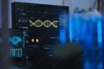 DNA chain animation on computers in genetic lab.
