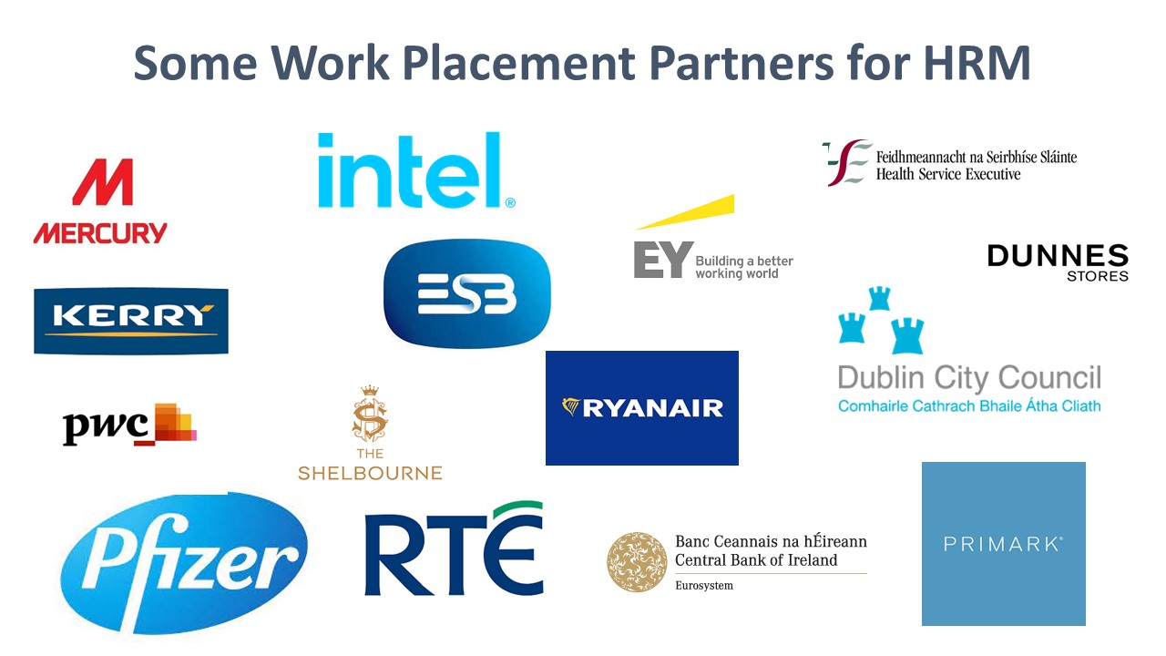 Work Placement Partners on TU906 Human resource management course. Partners include Intel, RTE, Dublin city Council, ESB, Ernst & young, Ryanair, HSE, PWC, primark, Dunnes stores